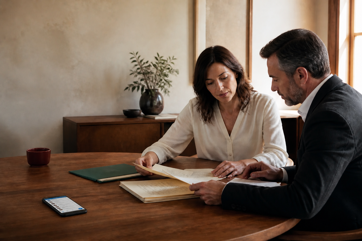 A client and her lawyer reviewing financial records beside a phone showing an email inbox